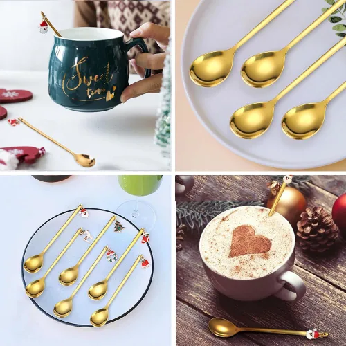 Vista 7 de AKOAK 6 unids/set de cuchara de acero inoxidable de Navidad Set creativo café chapado en oro, cuchara de postre cuchara mezcladora de cocina casera