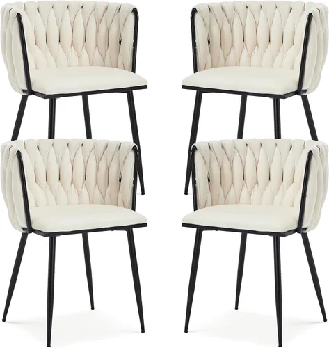 Vista 31 de Juego de 2 sillas de comedor de terciopelo, sillas laterales tapizadas tejidas con patas de metal negro, sillas decorativas modernas, sillas