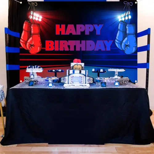 Vista 7 de Cartel de fondo de fiesta de cumpleaños con temática de boxeo, ideal para niños o niñas, fiestas temáticas de boxeo, noches de lucha y fiestas