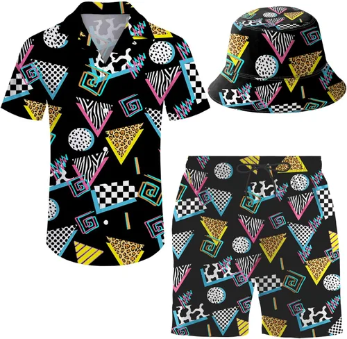 Vista 11 de Conjunto deportivo de 2 piezas para hombre, camisa hawaiana, pantalones cortos, camisa con botones y pantalones cortos con sombreros de pescador