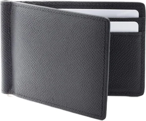 Vista 2 de Billetera plegable súper delgada, de piel auténtica, minimalista, con bolsillo frontal, para hombre, con clip para dinero, bloqueo RFID, Negro