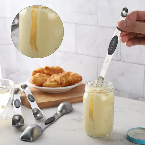 Vista 5 de Juego de 8 cucharas medidoras magnéticas de acero inoxidable apilables de doble cara Cuchara medidora de mango largo para medir ingredientes secos
