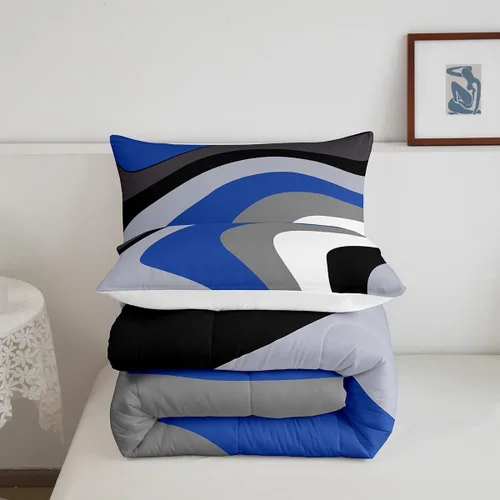 Vista 5 de Juego de edredón de remolinos azul real, negro y gris, juego de ropa de cama moderno con diseño de remolinos para niños, adolescentes, niños
