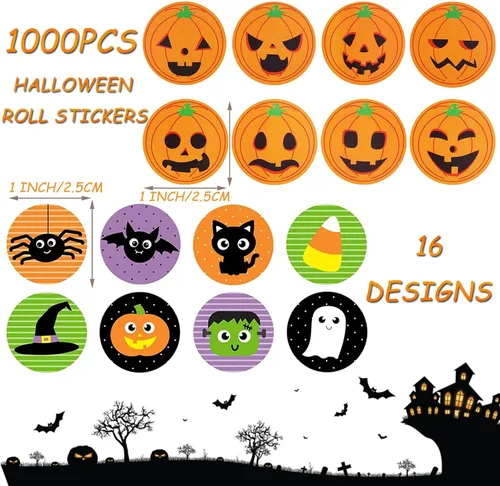 Vista 5 de 1000 calcomanías de rollo de Halloween, calcomanías de sello redondo, calcomanías de Halloween, calabaza, murciélago, araña, calcomanías de 1