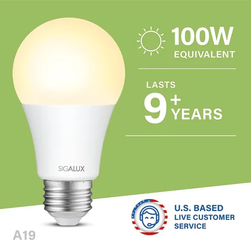 Vista 2 de Sigalux Bombillas LED equivalentes a 100 vatios equivalentes a bombillas estándar, bombillas cálidas A19 de 2700 K, blanco suave, no regulable, base