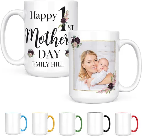 Vista 9 de Regalos para el primer día de la madre, taza de café personalizada con foto y nombre, 11 o 15 onzas, 10 opciones de color, taza personalizada