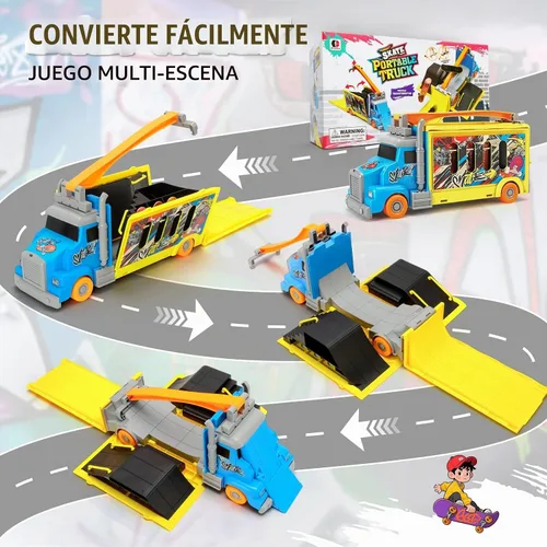 Vista 2 de Set de Parque de Patineta Hestiasko, Vehículo Camión Transformable 2-en-1 con 3 Diapasones, Bicicleta de Dedo, Rampas, Estuche de Almacenamiento