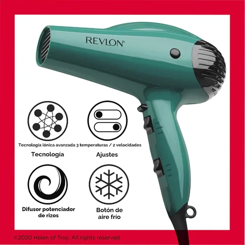 Vista 5 de Secador de pelo Revlon con booster de volumen 1875W para elevación y cuerpo voluminosos, (Verde)