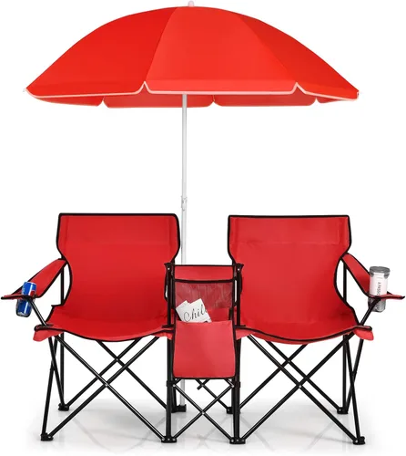 Vista 11 de Goplus Sillas de camping dobles con paraguas, enfriador para patio de playa Negro