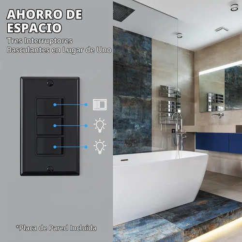 Vista 7 de ELEGRP Decorator - Interruptor basculante triple, paleta eléctrica de un solo polo, 15 A 120 V en la pared, encendido y apagado automático, placa