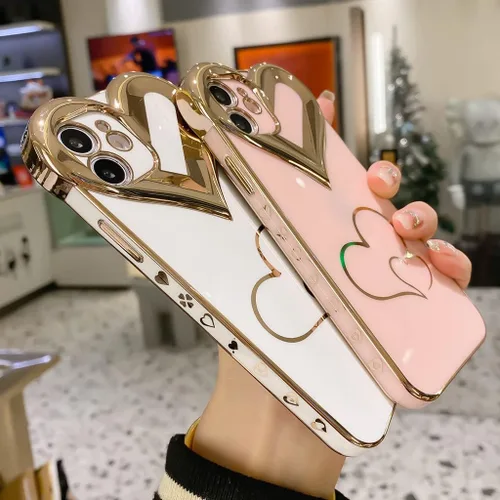 Vista 3 de Compatible con el teléfono 12 - Bonita funda para mujer, funda de lujo chapada en 3D con corazón de amor, funda protectora de TPU suave y delgada