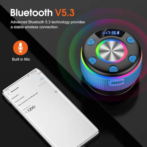 Vista 7 de Altavoz de ducha Bluetooth, IP7 impermeable, portátil, Bluetooth 5.3 con ventosa, mini altavoz inalámbrico con luces RGB, pantalla de tiempo, sonido
