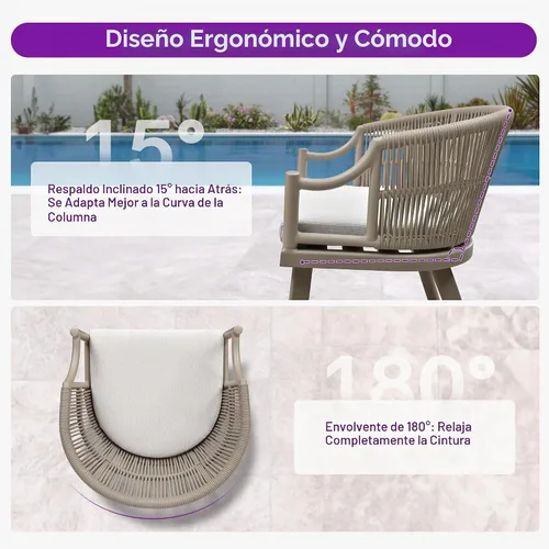 Vista 7 de PURPLE LEAF Juego de comedor de patio para 6 respaldos ergonómicos y cojín Champán