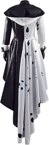 Vista 2 de Cruella Cosplay abrigo vestido mujer dálmata chaqueta pantalón falda traje malvado diablo Halloween traje negro blanco traje niña