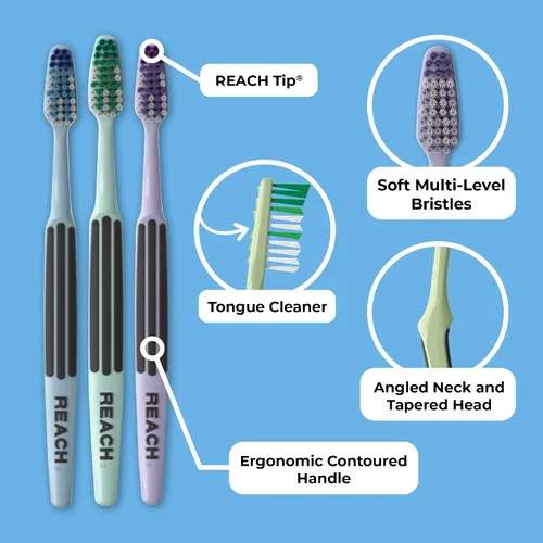 Vista 2 de Reach Advanced Design - Cepillo de dientes de cerdas suaves con tapas para cepillos de dientes, 6 unidades Cuello en ángulo, punta de alcance