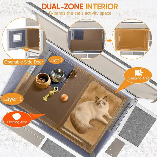 Vista 3 de PetsCosset Casa Aislada para Gatos de Exterior Resistente a la Intemperie con Balcón, Aislamiento Integral, Refugio de Madera para Gatos Ferales