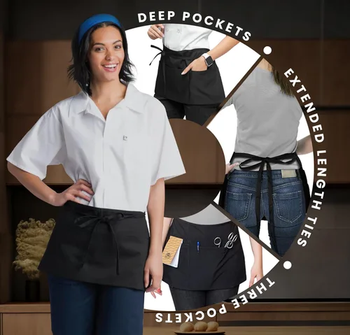 Vista 3 de Avalon Kitchen Server Aprons with 3 Pockets – 100% Polyester Waist Apron, 24x12 Inch Half Apron, Waitress Apron for Servers