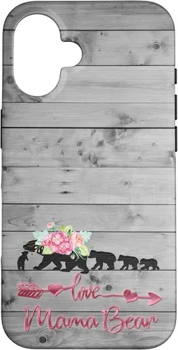 Vista 32 de Pink Floral Black Mama Bear Four Cubs on Vintage Gray Rustic Case for iPhone 17