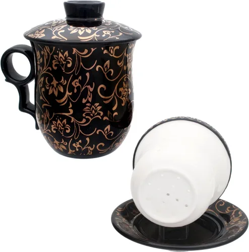 Vista 5 de Taza de té de porcelana con tapa de infusor y juegos de platillos – Taza de café de cerámica china Jingdezhen Taza de té de hoja suelta Sistema
