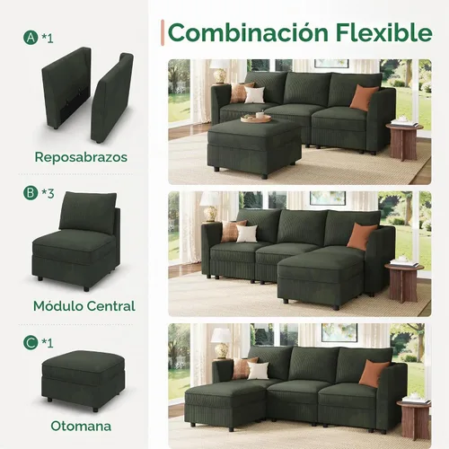 Vista 6 de HONBAY Sofá seccional modular con almacenamiento en forma de L sofá seccional, sofás convertibles para sala de estar - verde