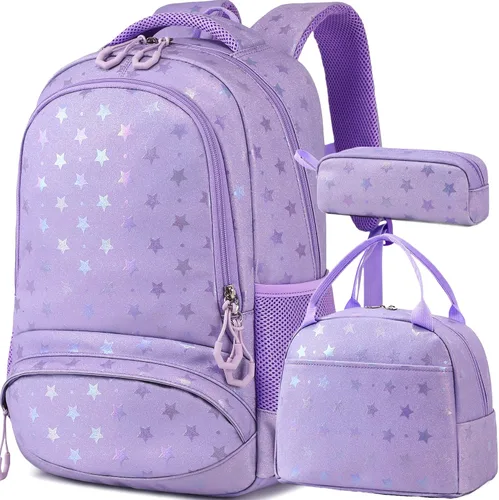 Vista 9 de Mochila de escuela primaria para niñas con lonchera, mochila de regreso a clases 01-lentejuela Púrpura