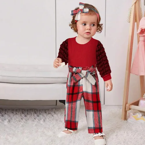 Vista 2 de Conjunto de 4 piezas de ropa de bebé niña acanalada de manga larga abombada + pantalones a cuadros + diadema + cinturón de 4 piezas para otoño e