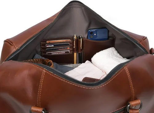Vista 3 de Aaron Leather Goods - Bolsas de viaje de cuero para hombres y mujeres, de cuero de grano completo, para el fin de semana, para deportes y gimnasio