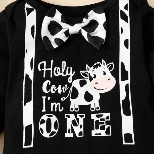 Vista 4 de Traje de primer cumpleaños para niño, traje de primer cumpleaños para bebé niño, disfraz de vaca sagrada con texto en inglés "I'm One