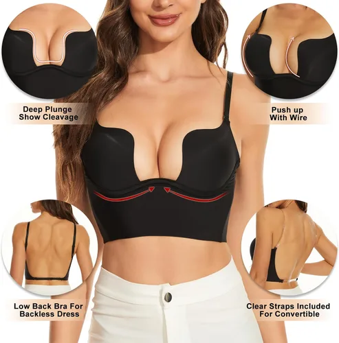Vista 2 de sealsea Brasier de espalda baja para mujer, con alambre de elevación profunda en forma de U, sin espalda, con correas transparentes convertibles