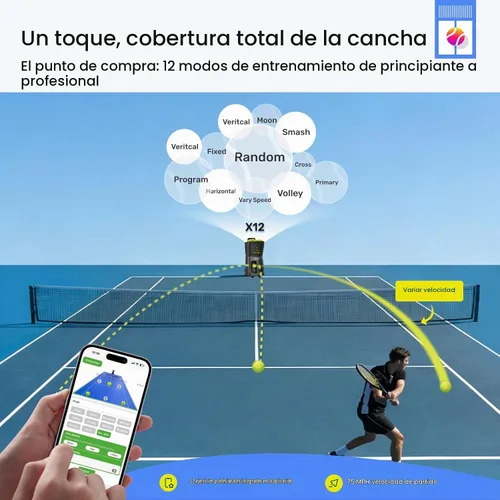 Vista 2 de Máquina de pelotas de tenis PT-Smart: control de aplicación con 12 modos de entrenamiento incorporados, giro de 6 niveles, 28-Pt, 75 MPH, 32.6