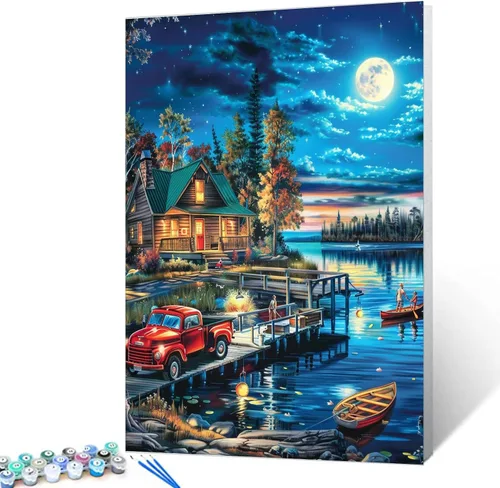 Vista 29 de Tucocoo Bumbers - Pintura de paisaje de puerta para adultos, paisaje de lago, pintura por números, pintura acrílica, lienzo junto al lago, plantas