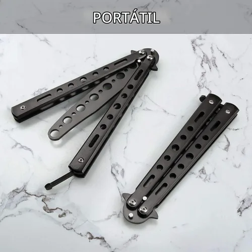 Vista 9 de Little World Cuchillo de mariposa – Paquete de 2 herramientas de práctica de acero de metal – Cuchillo plegable sin afilar – Cuchillo de mariposa