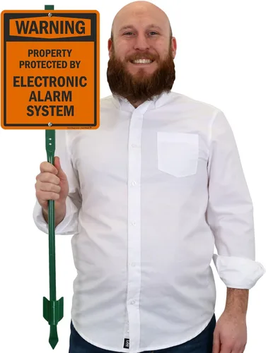 Vista 2 de SmartSign Letrero LawnBoss® con texto en inglés "Warning - Property Protected By Electronic Alarm System" Letrero de aluminio de 10 x 12 pulgadas