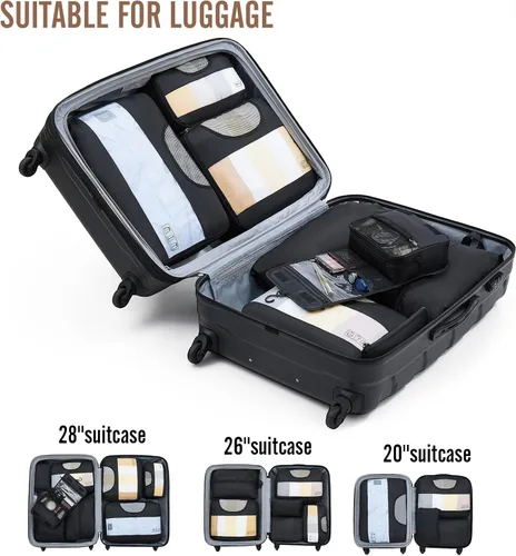 Vista 6 de Veken Juego de 8 cubos de embalaje para maletas, artículos esenciales de viaje para equipaje de mano, juego de bolsas organizadoras de equipaje