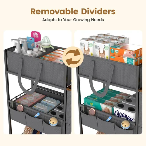 Vista 4 de Organizador de pañales de 3 niveles y carrito de almacenamiento, artículos esenciales para bebés con 2+2 divisores y 3 cajones, carrito rodante