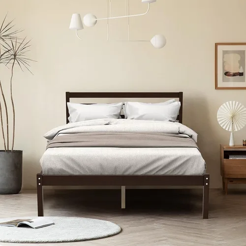Vista 3 de Giantex Base de cama de plataforma de madera, cabecera con paneles, soporte de listones de madera, no necesita resortes, base de colchón de cama