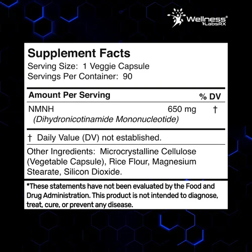 Vista 9 de WELLNESS LABSRX NMNH 650 mg por porción - Mononucleótido de dihidronicinamida - Apoya los niveles de NAD+ - 90 cápsulas vegetales - Suministro