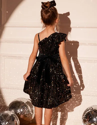 Vista 4 de GRACE KARIN Vestido de lentejuelas de un hombro para niñas, vestido de fiesta alto y bajo para 5-14 años