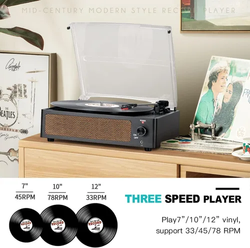 Vista 2 de Tocadiscos de vinilo vintage con altavoces, giradiscos accionados por correa, compatible con 3 velocidades, reproducción inalámbrica Bluetooth