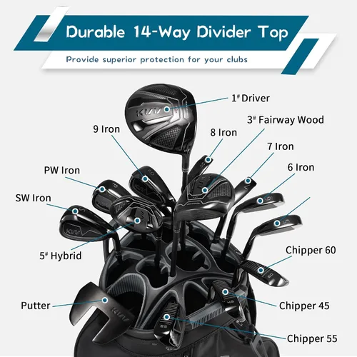 Vista 6 de KVV Bolsa Organizadora de Carrito de Alta Gama, Bolsa de Golf Silenciosa Premium con Asas Duales, 14 Ranuras de Bloqueo para Clubes para Hombre