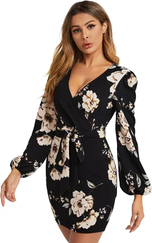Vista 3 de Floerns Vestido corto de manga larga con cuello en V y estampado floral para mujer