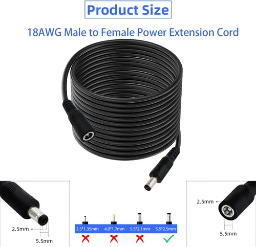 Vista 5 de Cable de extensión de alimentación de 33 pies 12 V CC de 0.217 in x 0.098 in, 18 AWG macho a hembra, conector de barril para cámara de vigilancia