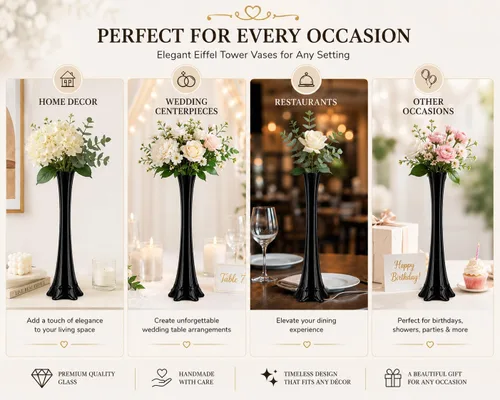 Vista 4 de pack de 12, jarrones de la Torre Eiffel para centro de mesa, flores, bodas, decoración. (40,6 cm, negro)