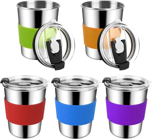 Vista 9 de ShineMe Vasos de acero inoxidable para niños, paquete de 2 tazas para niños con tapas y bonitas mangas de personajes espaciales, vasos antiderrames