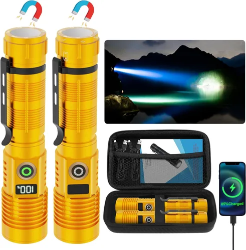 Vista 12 de Linterna recargable de alto lúmenes, luz magnética súper brillante con pantalla digital de potencia, largo alcance, regulable, impermeable, linterna