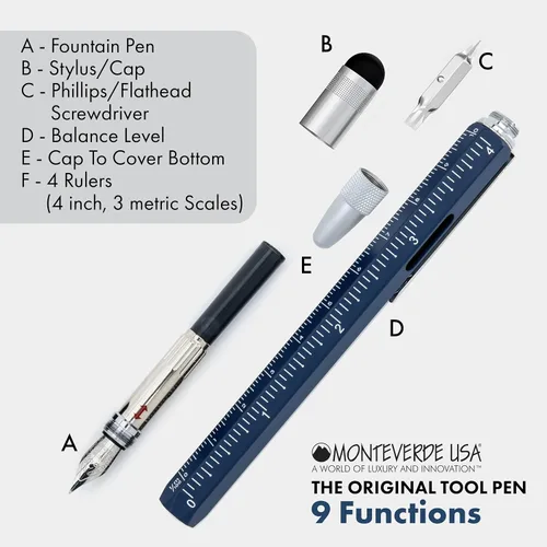 Vista 3 de Monteverde USA 9 en 1 - Pluma estilográfica en azul – Punta media, bolígrafo multifuncional con lápiz capacitivo, destornilladores, nivel y regla