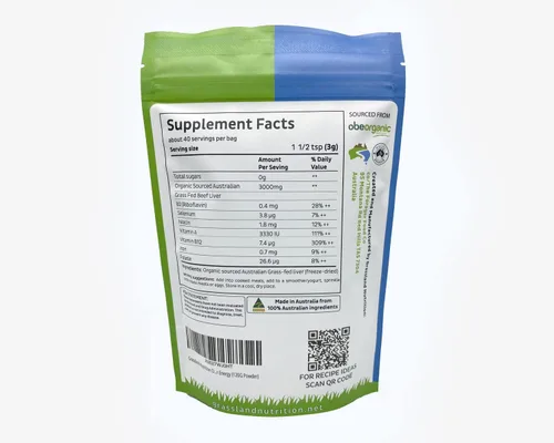 Vista 2 de Grassland Nutrition Hígado de res alimentado con pasto orgánico (secado por congelación): hierro natural, vitamina A, B12 para energía