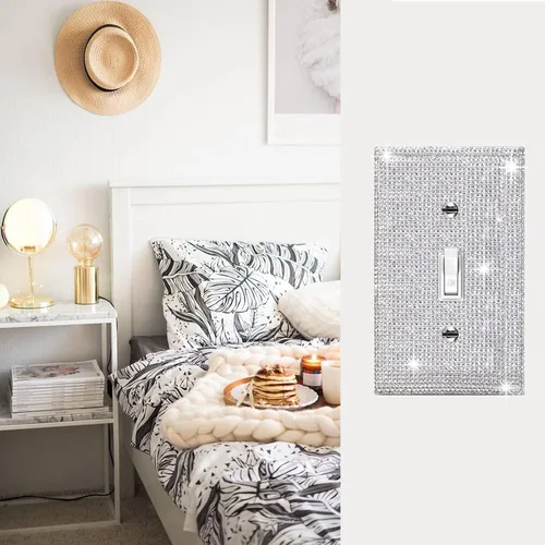 Vista 5 de 1 pieza de cubierta de placa de pared con diamantes de imitación brillantes plateados, cubierta decorativa para interruptor de luz con brillos