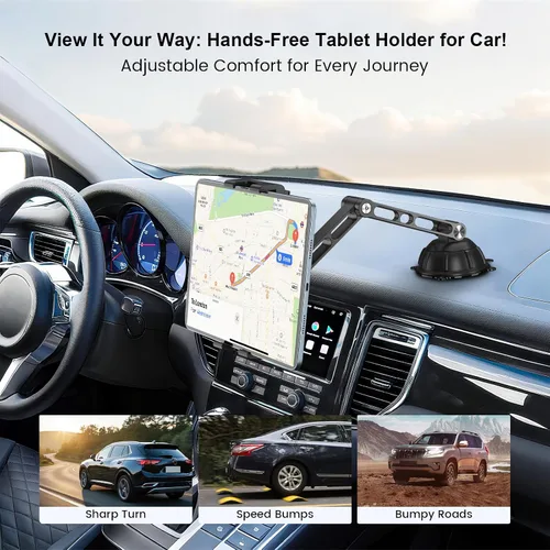 Vista 2 de PLDHPRO - Soporte para tablet en coche para salpicadero y parabrisas, plegable, de aleación de aluminio, con ventosa de vacío, soporte compatible