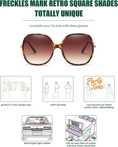 Vista 5 de Freckles Mark Gafas de sol cuadradas de gran tamaño de los años 70 para mujer, marco de plástico rectangular vintage